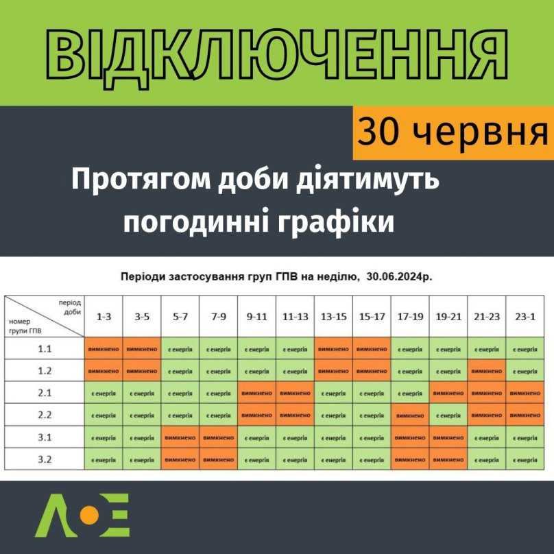 Відключення світла на Львівщині: 30 червня електрики не буде до дев’яти годин на добу – 01